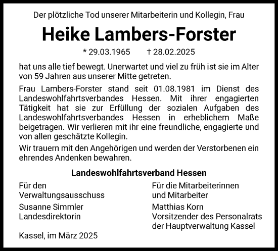 Todesanzeige von Heike Lambers-Forster von HNAHNA