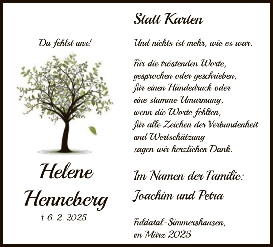 Todesanzeige von Helene Henneberg von HNA