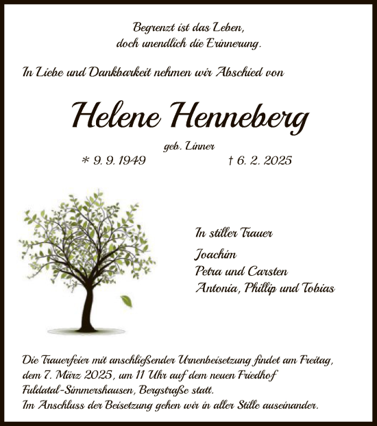 Todesanzeige von Helene Henneberg von HNA