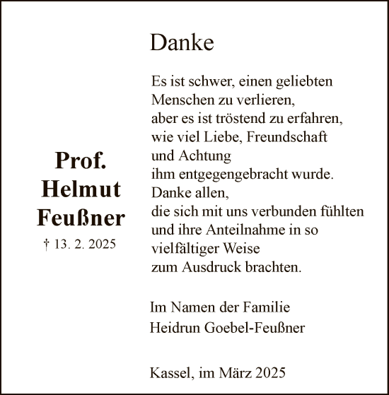 Todesanzeige von Helmut Feußner von HNA