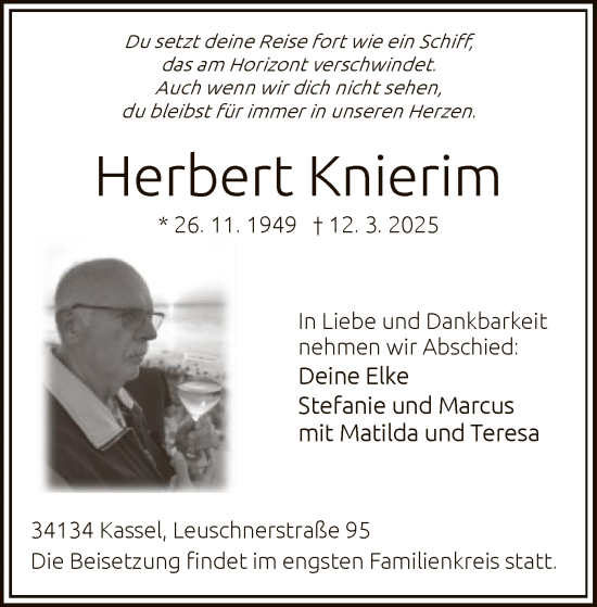 Todesanzeige von Herbert Knierim von HNA