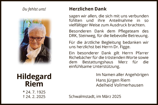 Todesanzeige von Hildegard Riem von HNA