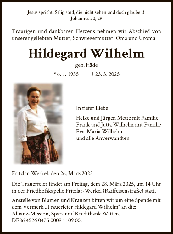 Todesanzeige von Hildegard Wilhelm von HNAHNA
