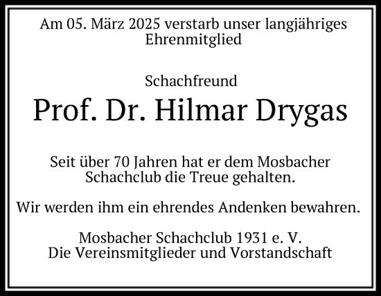 Todesanzeige von Hilmar Drygas von HNA