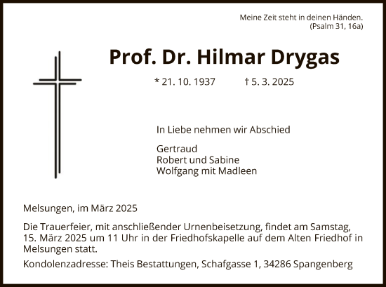 Todesanzeige von Hilmar Drygas von HNAHNA