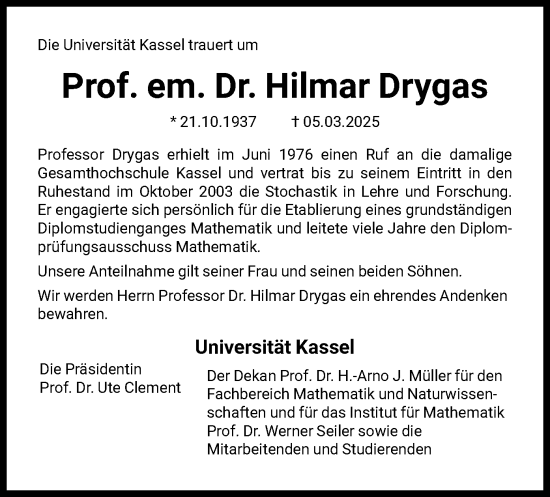 Todesanzeige von Hilmar Drygas von HNA
