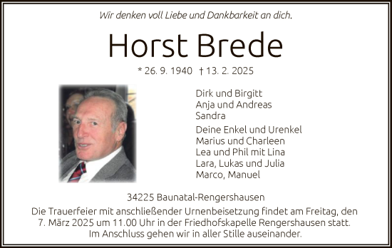 Todesanzeige von Horst Brede von HNA