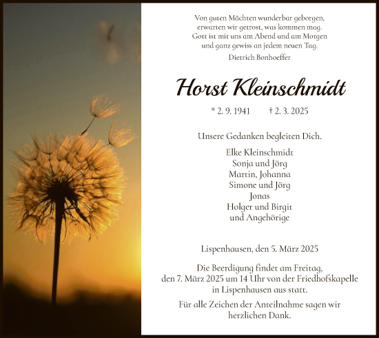 Todesanzeige von Horst Kleinschmidt von HNA