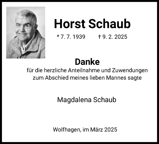 Todesanzeige von Horst Schaub von HNA