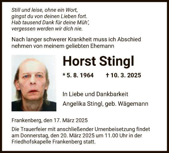 Todesanzeige von Horst Stingl von HNA