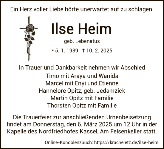 Todesanzeige von Ilse Heim von HNA