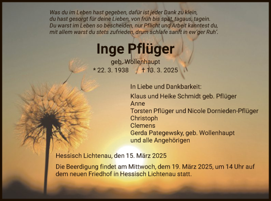 Todesanzeige von Inge Pflüger von HNA