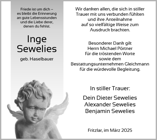 Todesanzeige von Inge Sewelies von HNA