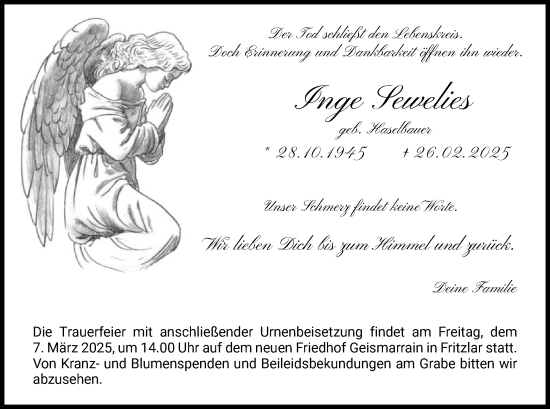Todesanzeige von Inge Sewelies von HNA