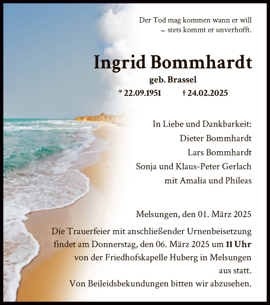 Todesanzeige von Ingrid Bommhardt von HNA