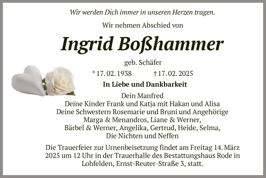 Todesanzeige von Ingrid Boßhammer von HNAHNA