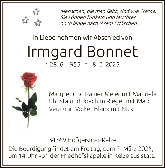 Todesanzeige von Irmgard Bonnet von HNA