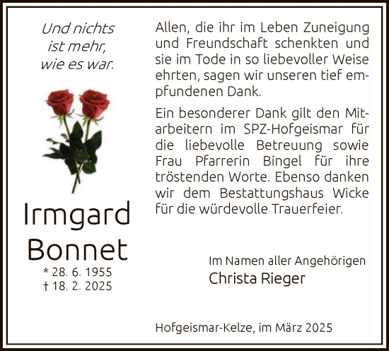 Todesanzeige von Irmgard Bonnet von HNA