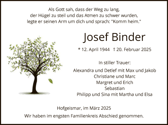 Todesanzeige von Josef Binder von HNAHNA