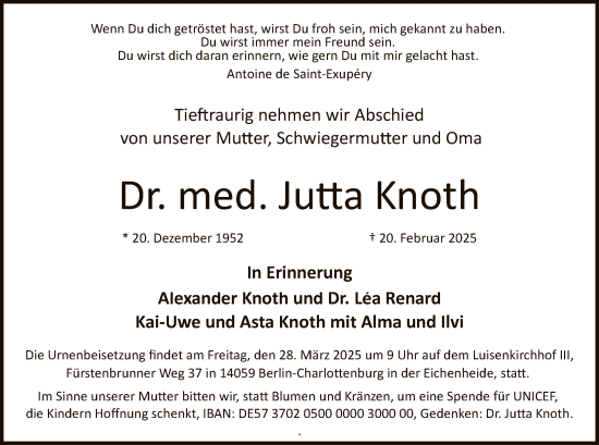 Todesanzeige von Jutta Knoth von HNA