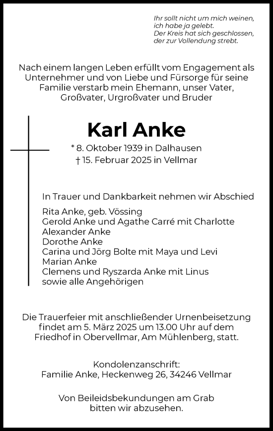 Todesanzeige von Karl Anke von HNA