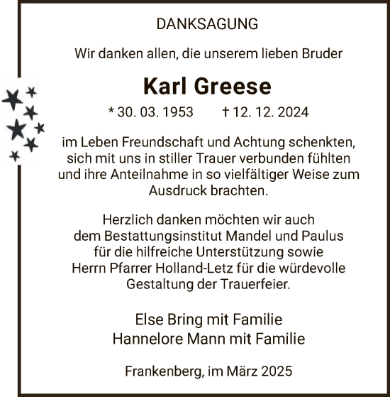 Todesanzeige von Karl Greese von HNA