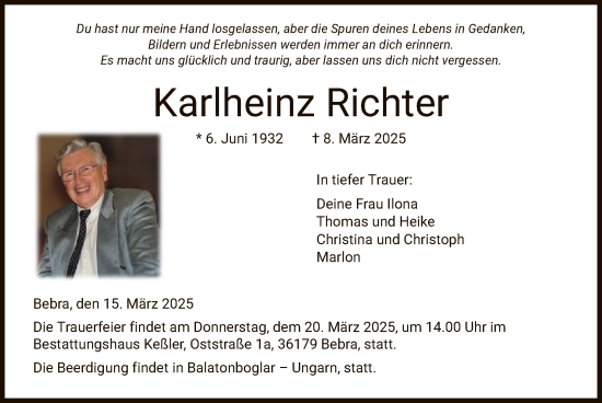 Todesanzeige von Karlheinz Richter von HNAHNA