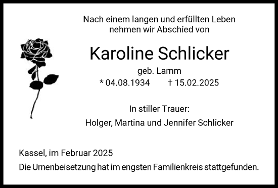 Todesanzeige von Karoline Schlicker von HNA