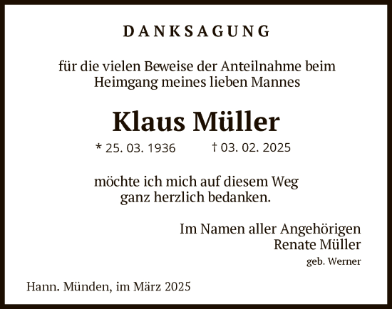 Todesanzeige von Klaus Müller von HNA