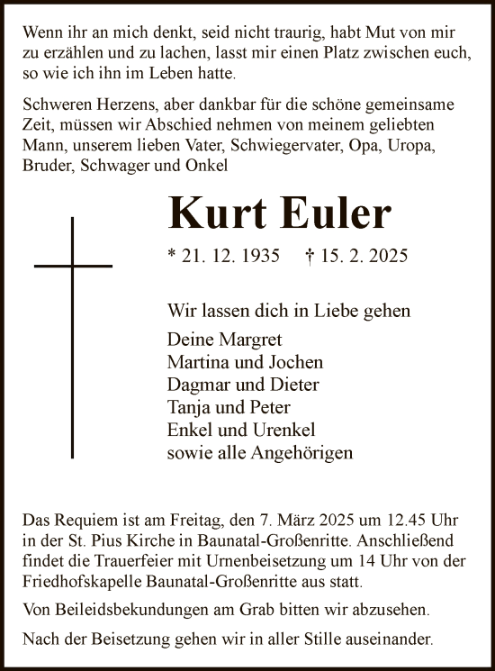 Todesanzeige von Kurt Euler von HNA