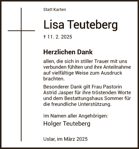 Todesanzeige von Lisa Teuteberg von HNA