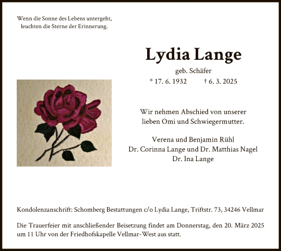 Todesanzeige von Lydia Lange von HNA
