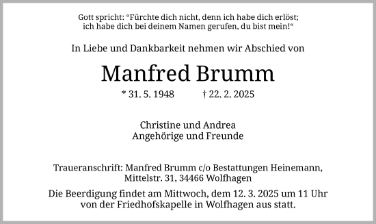Todesanzeige von Manfred Brumm von HNA