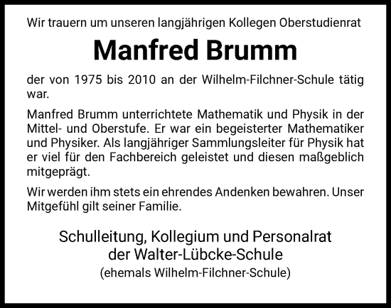 Todesanzeige von Manfred Brumm von HNA
