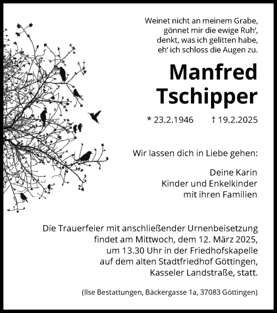 Todesanzeige von Manfred Tschipper von HNA