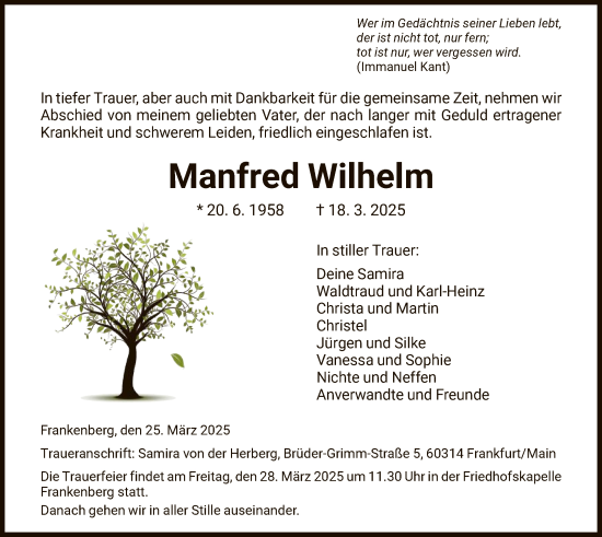 Todesanzeige von Manfred Wilhelm von HNA