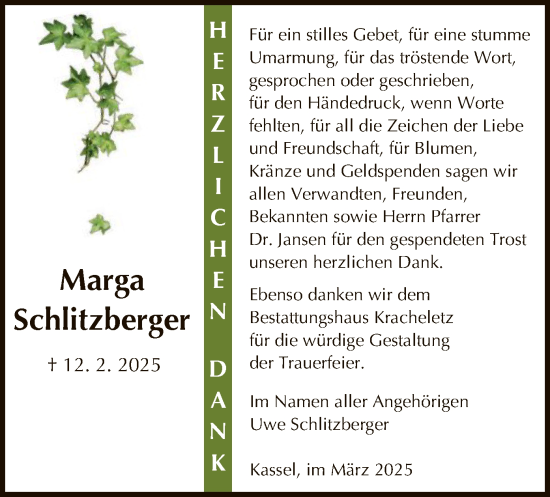 Todesanzeige von Marga Schlitzberger von HNA