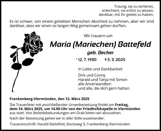 Todesanzeige von Maria Battefeld von HNA