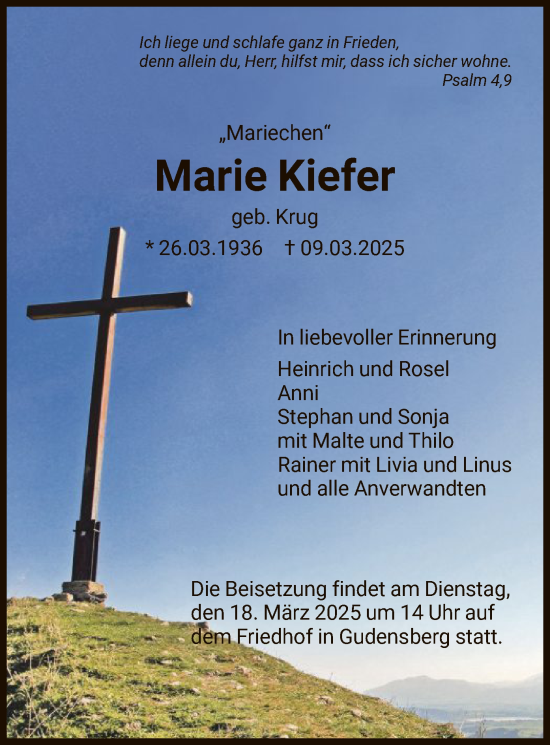 Todesanzeige von Marie Kiefer von HNA