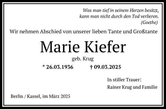 Todesanzeige von Marie Kiefer von HNA