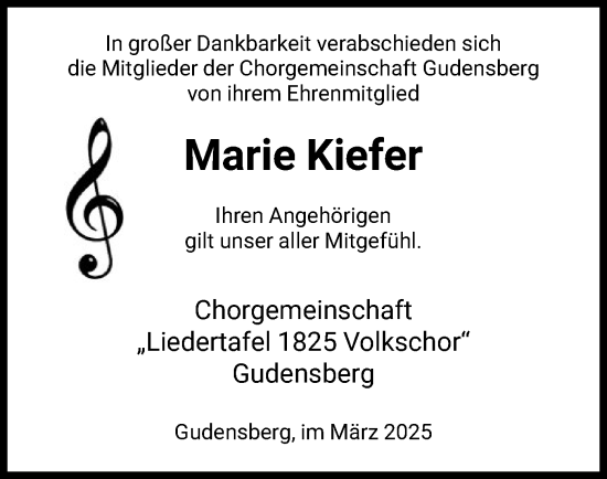 Todesanzeige von Marie Kiefer von HNA