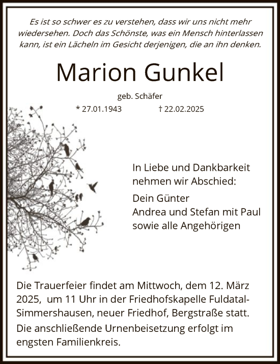 Todesanzeige von Marion Gunkel von HNA