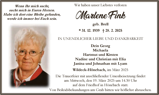 Todesanzeige von Marlene Fink von HNAHNA