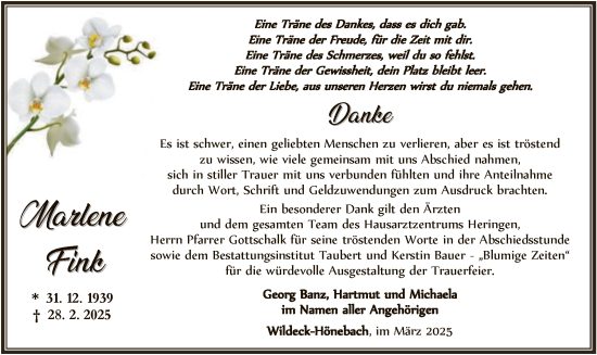 Todesanzeige von Marlene Fink von HNAHNA