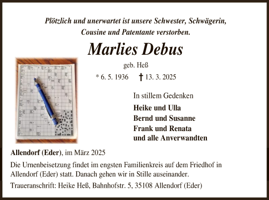Todesanzeige von Marlies Debus von HNA