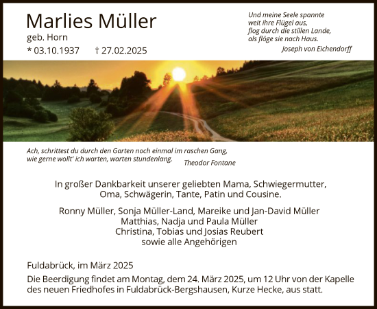 Todesanzeige von Marlies Müller von HNAWLZ