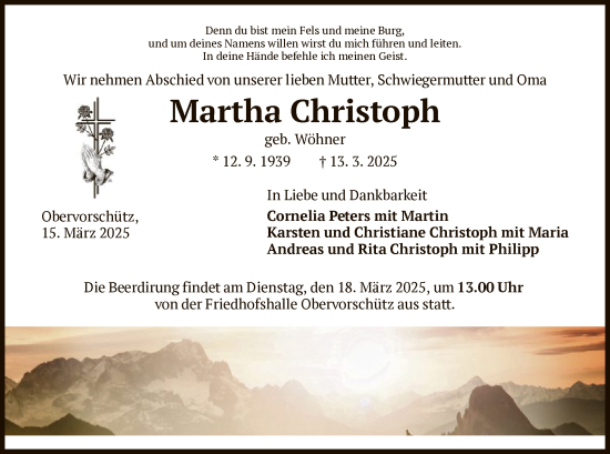 Todesanzeige von Martha Christoph von HNA