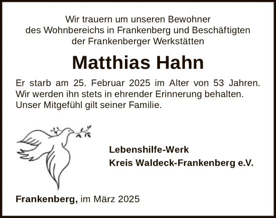 Todesanzeige von Matthias Hahn von HNA