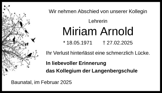 Todesanzeige von Miriam Arnold von HNAHNA