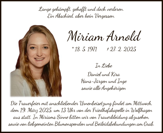 Todesanzeige von Miriam Arnold von HNAHNA